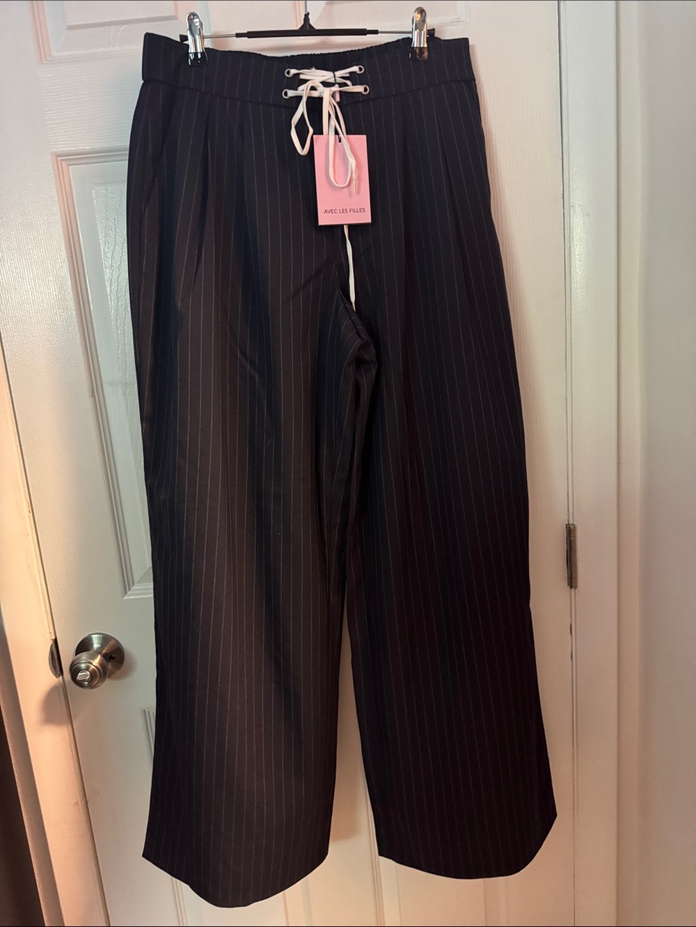 Avec Les Filles Black Pinstripe Wide-Leg Drawstring Joggers